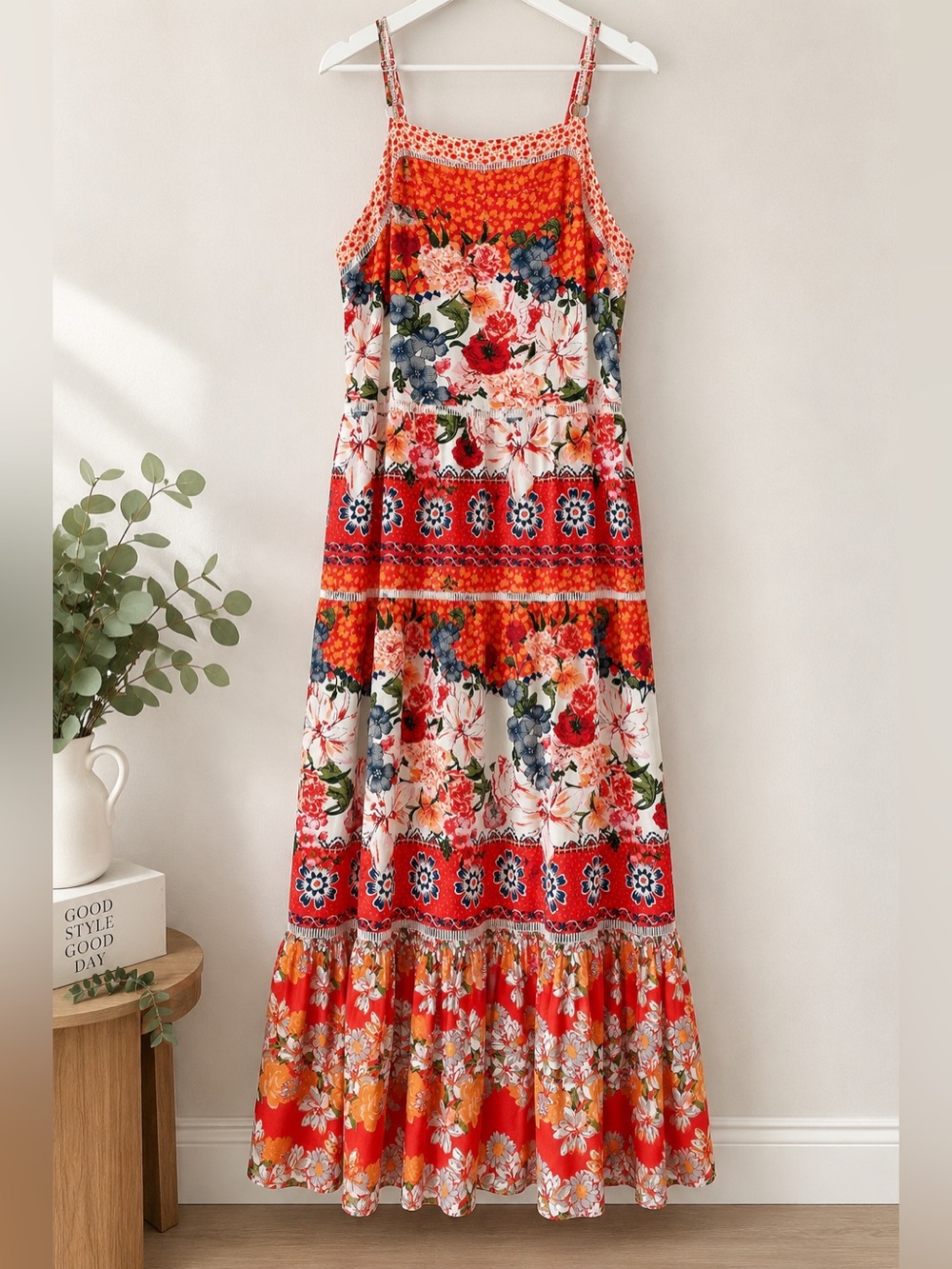 Beautiful Floral Boho Tiered Maxi Dress Size L Adjustable Straps Red Orange Cato